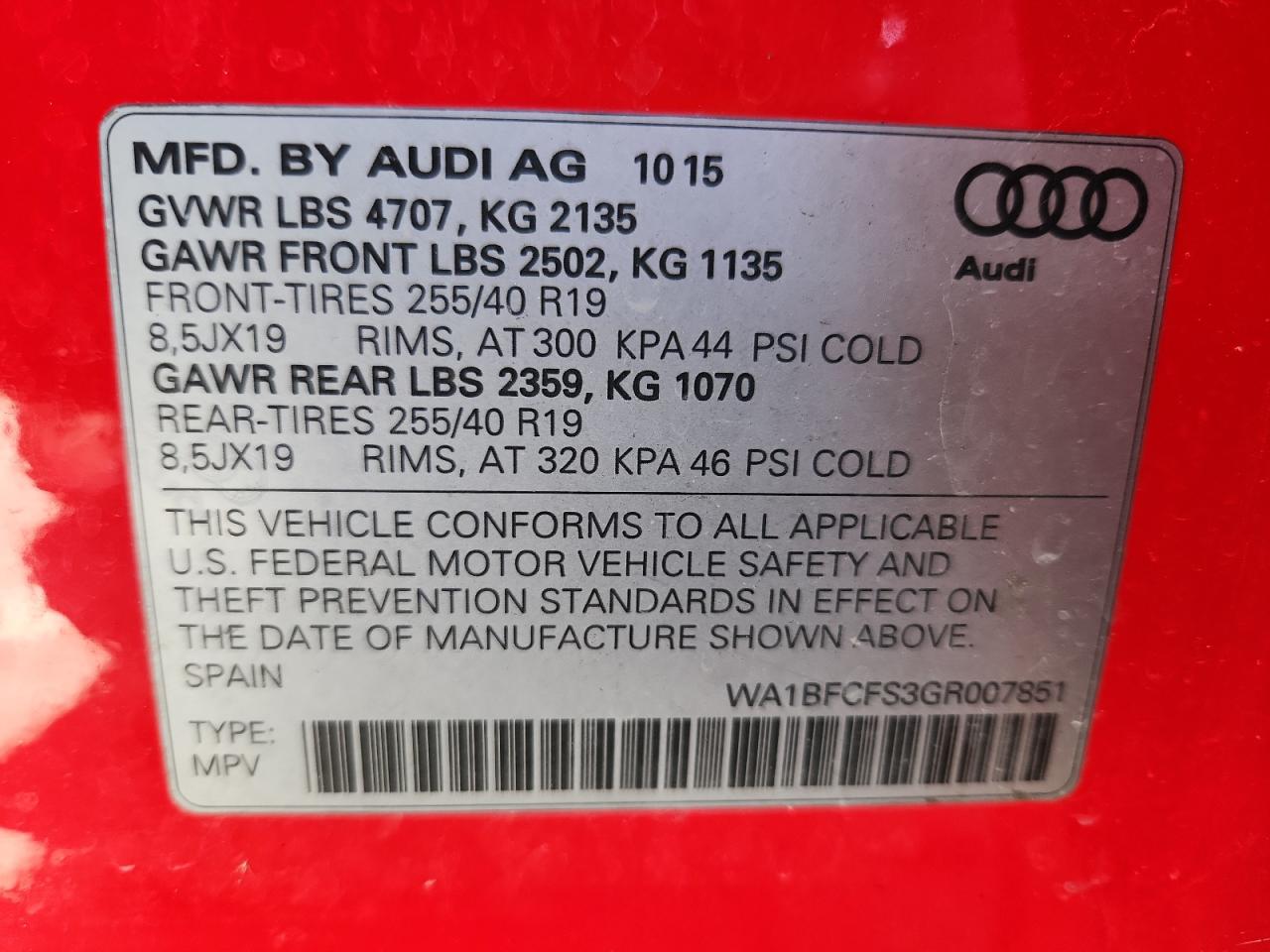 2016 Audi Q3 Premium Plus VIN: WA1BFCFS3GR007851 Lot: 89494635