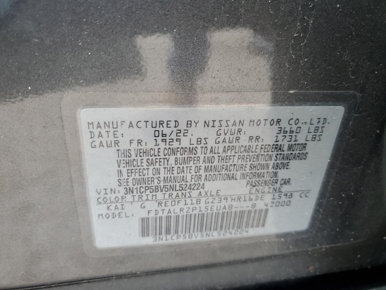 2022 Nissan Kicks S VIN: 3N1CP5BV5NL524224 Lot: 86064305