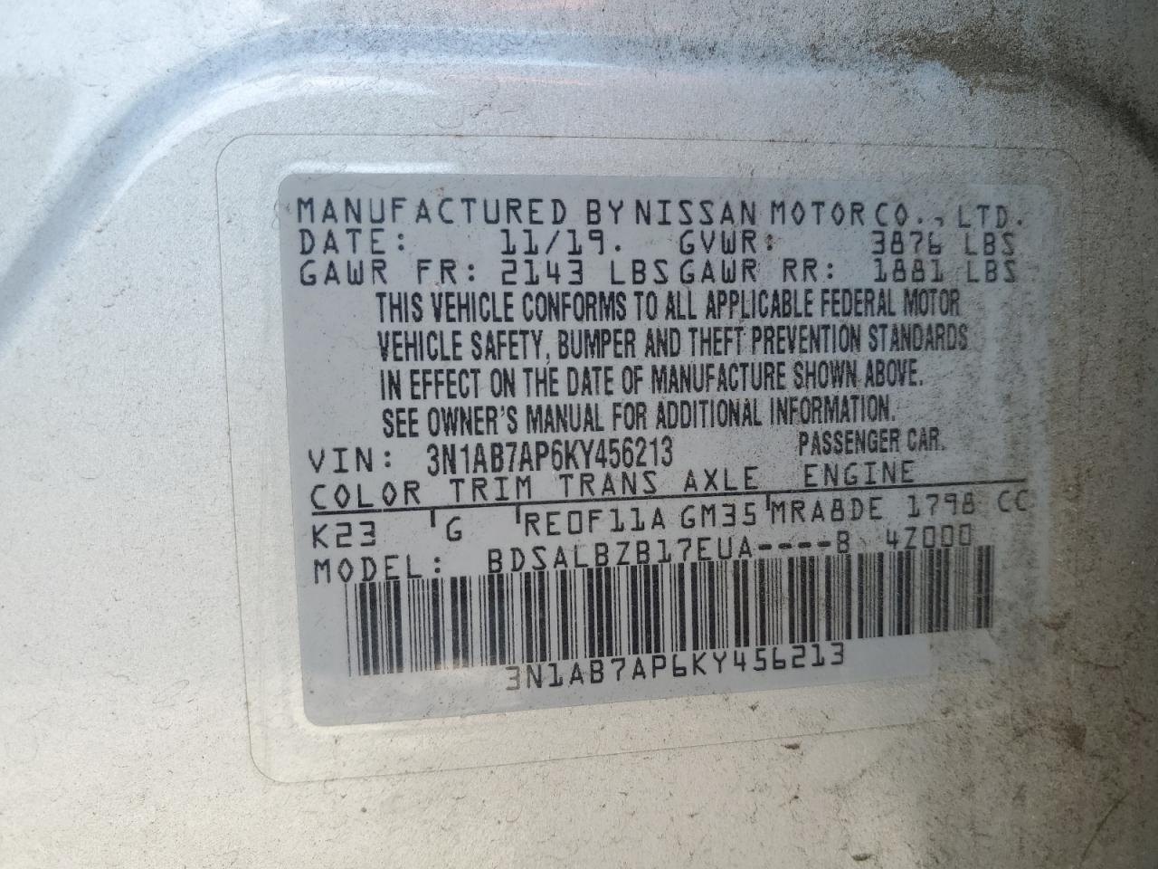 2019 Nissan Sentra S VIN: 3N1AB7AP6KY456213 Lot: 86114415