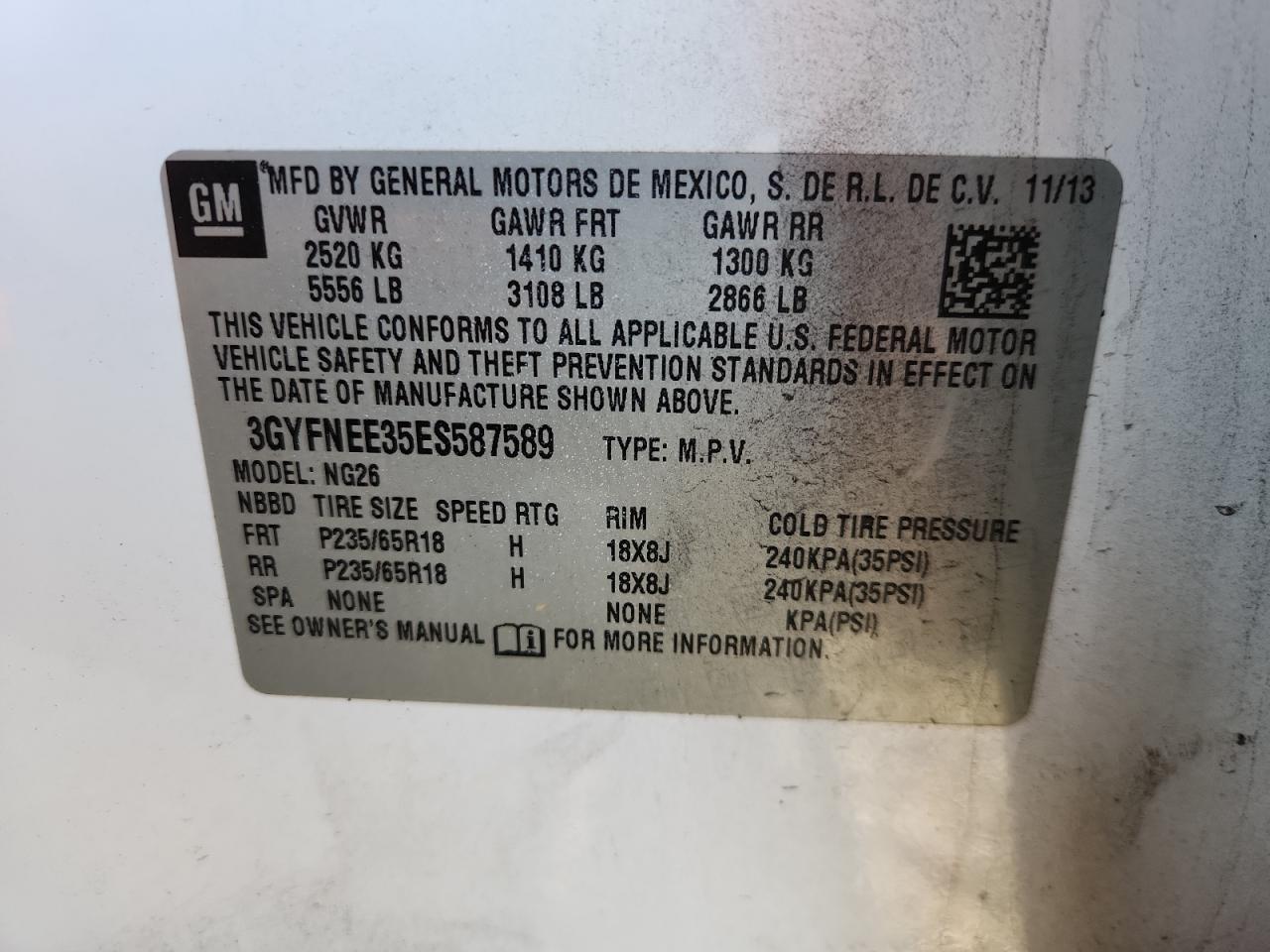 2014 Cadillac Srx Luxury Collection VIN: 3GYFNEE35ES587589 Lot: 87383655