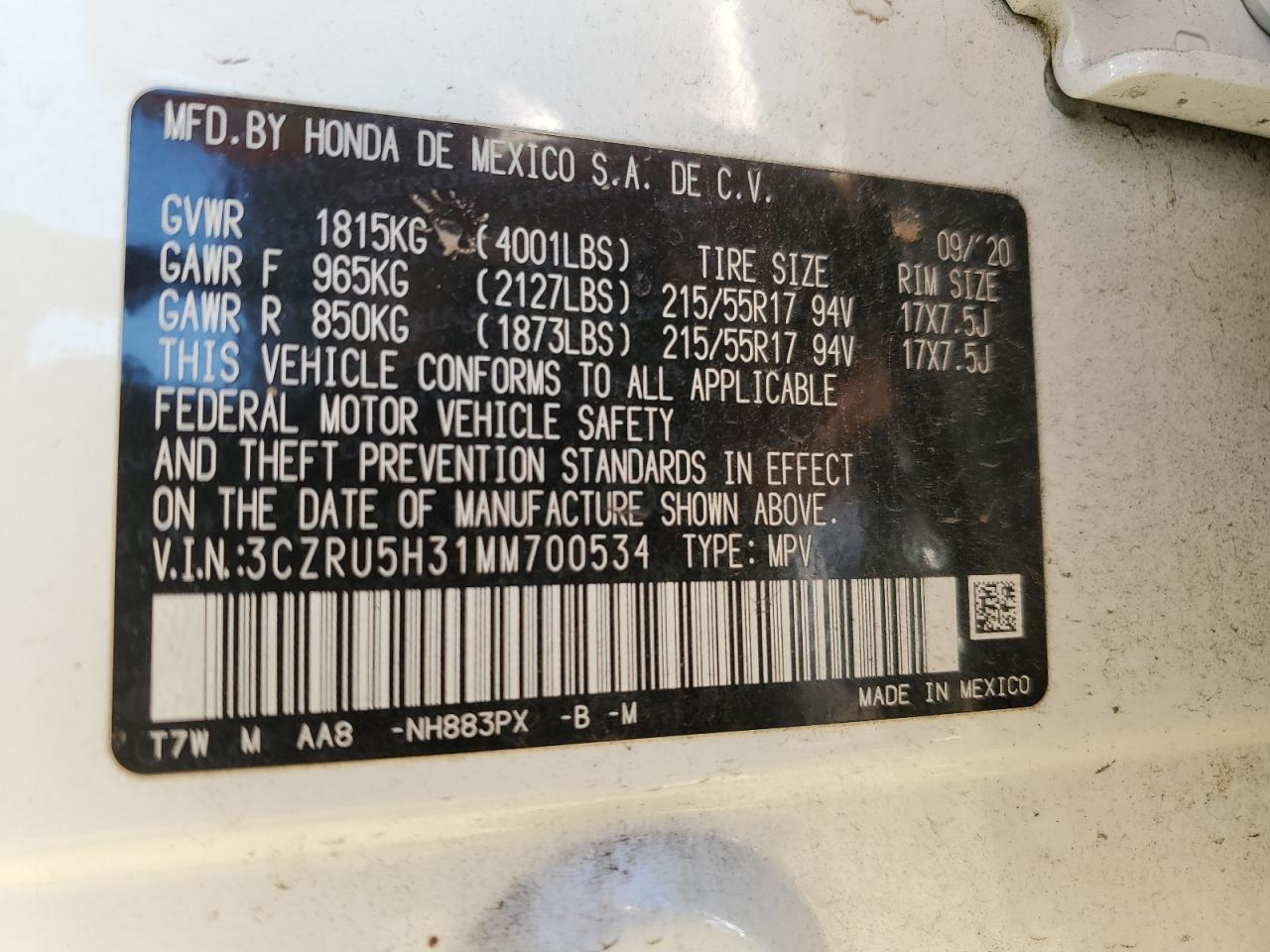 2021 Honda Hr-V Lx VIN: 3CZRU5H31MM700534 Lot: 84073785