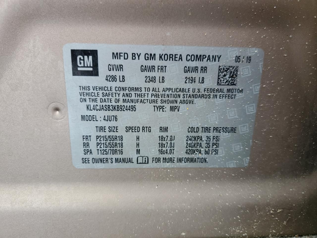 2019 Buick Encore Preferred VIN: KL4CJASB3KB924495 Lot: 85689895