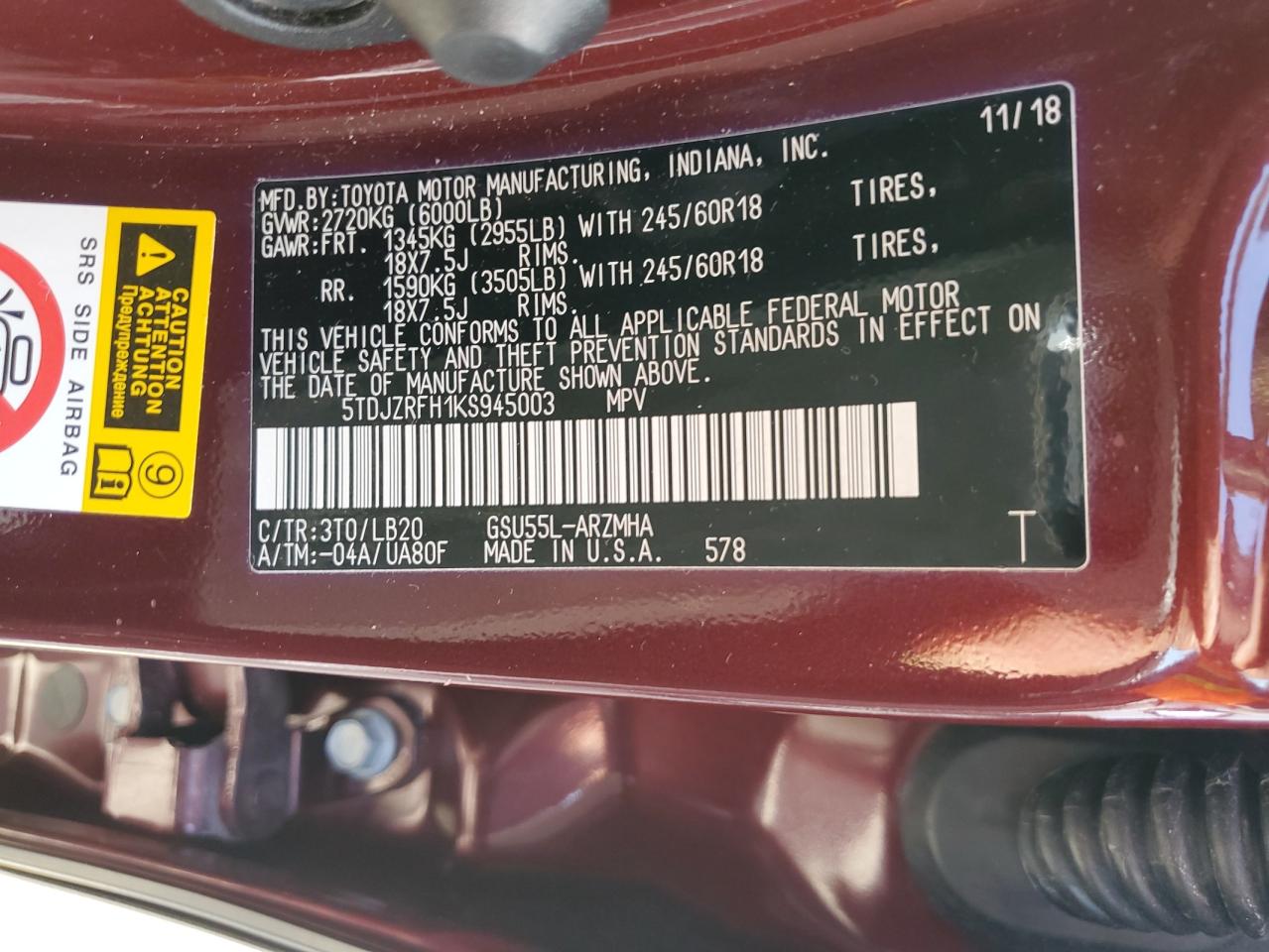 2019 Toyota Highlander Se VIN: 5TDJZRFH1KS945003 Lot: 81939025