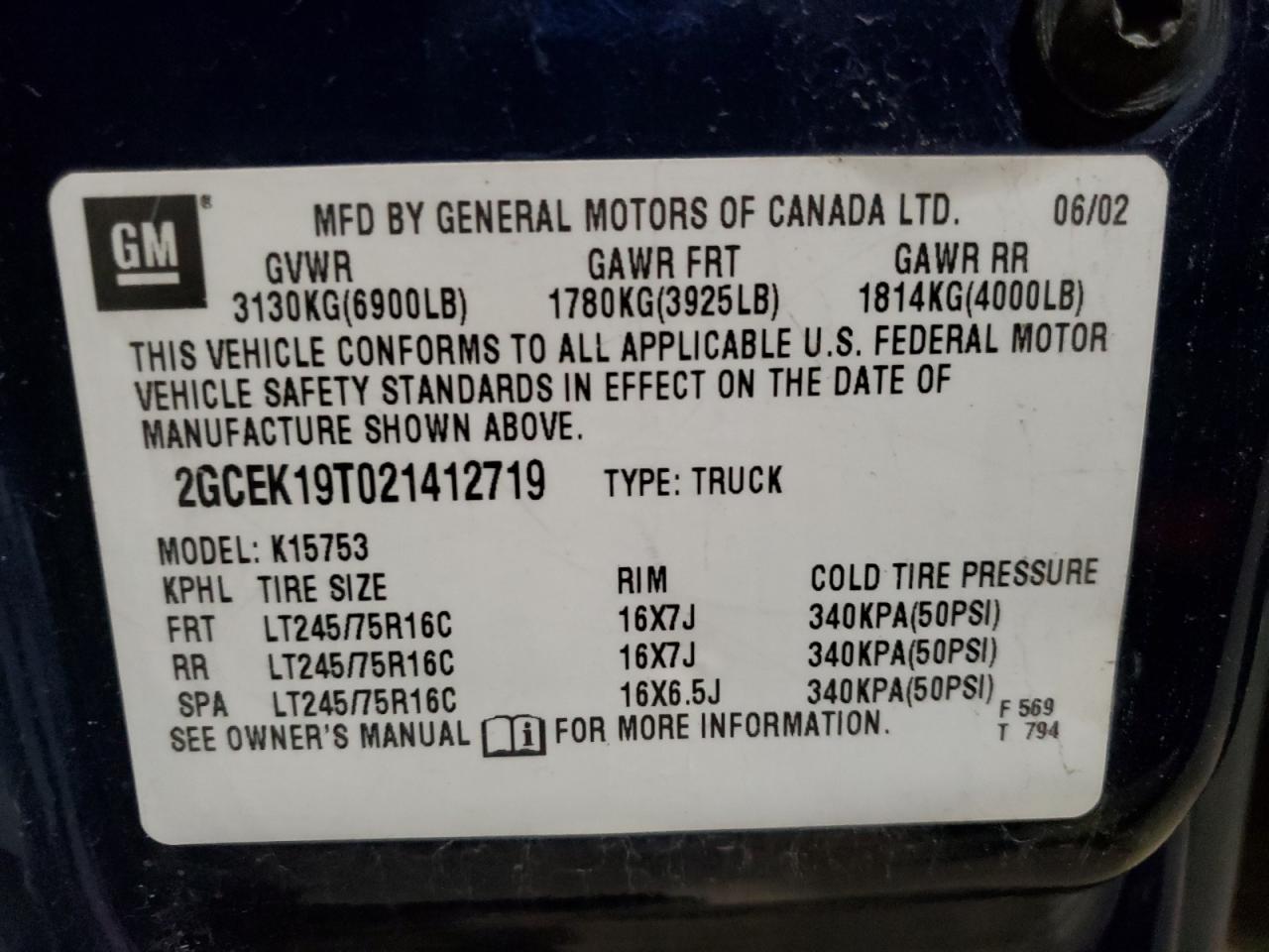 2002 Chevrolet Silverado K1500 VIN: 2GCEK19T021412719 Lot: 81837375