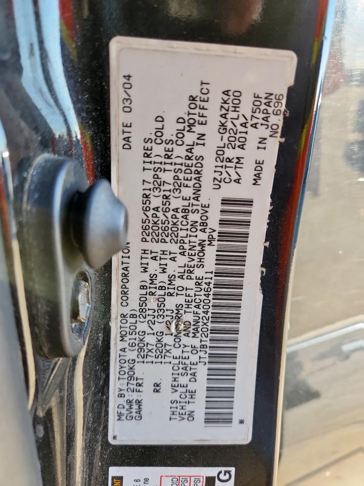 2004 Lexus Gx 470 VIN: JTJBT20X240046411 Lot: 85139545