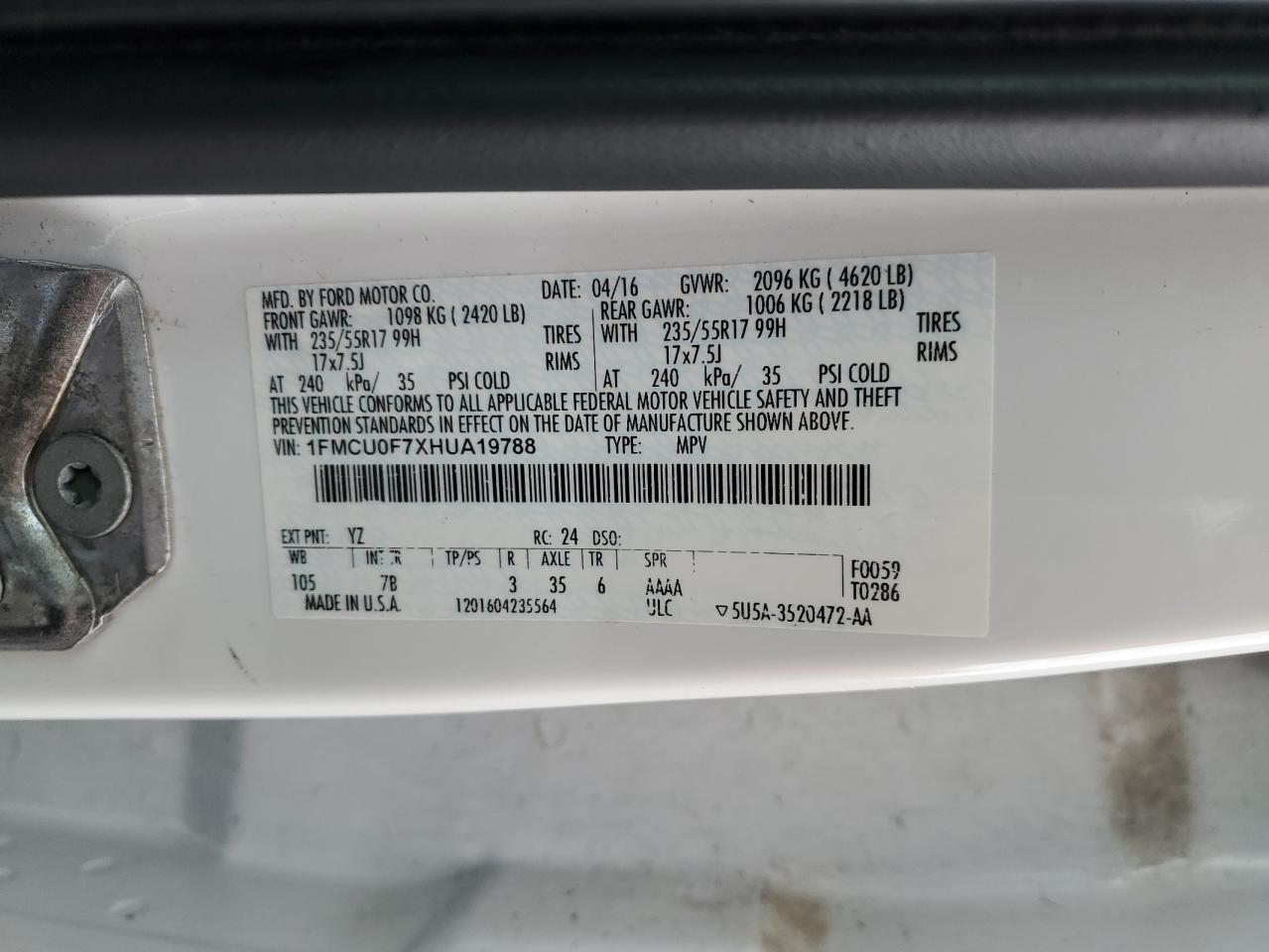 2017 Ford Escape S VIN: 1FMCU0F7XHUA19788 Lot: 82398295
