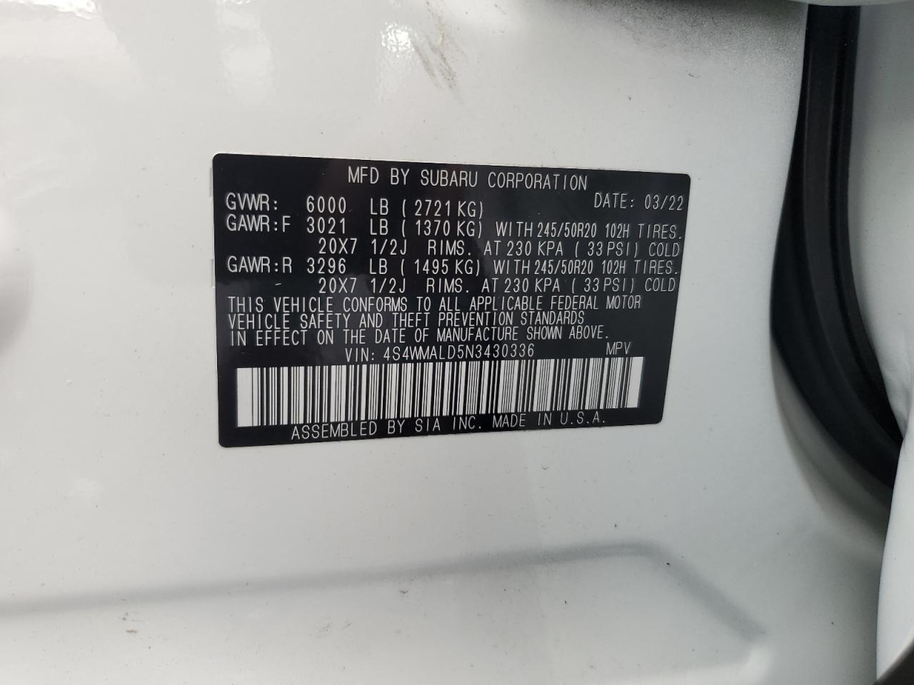 2022 Subaru Ascent Limited VIN: 4S4WMALD5N3430336 Lot: 86465715