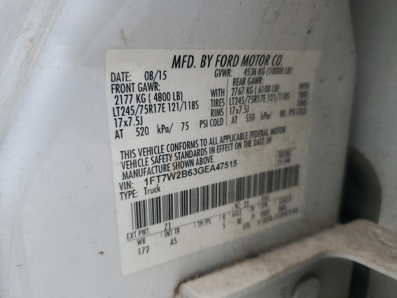 2016 Ford F250 Super Duty VIN: 1FT7W2B63GEA47515 Lot: 86543255