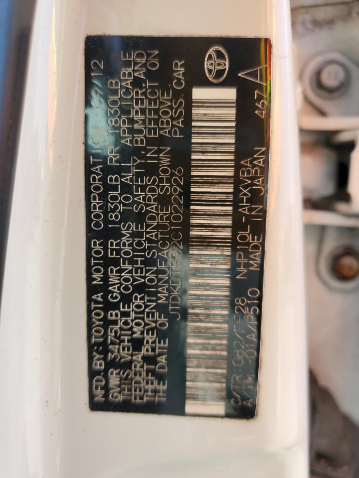 2012 Toyota Prius C VIN: JTDKDTB32C1022926 Lot: 89705155