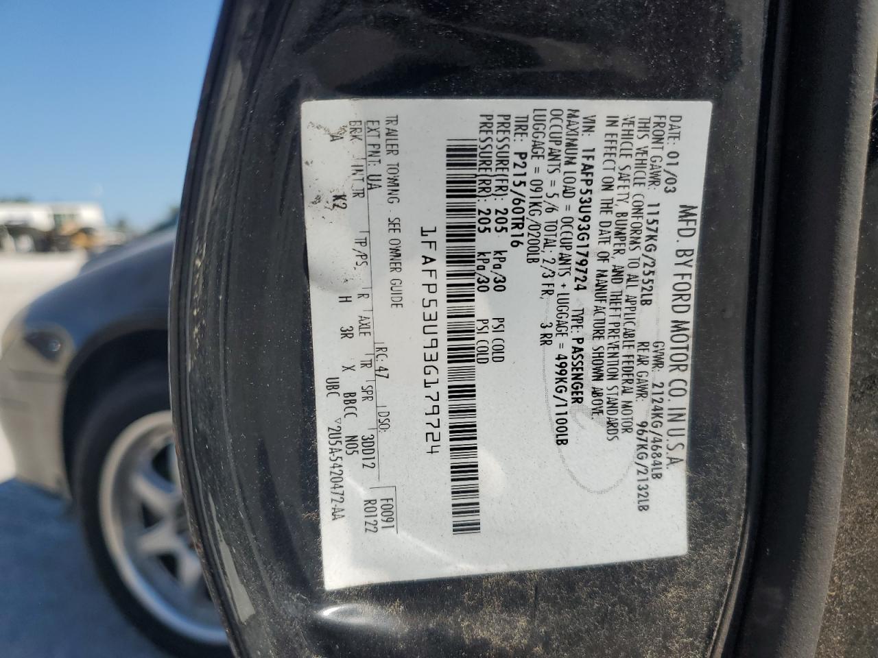 2003 Ford Taurus Se VIN: 1FAFP53U93G179724 Lot: 84913265