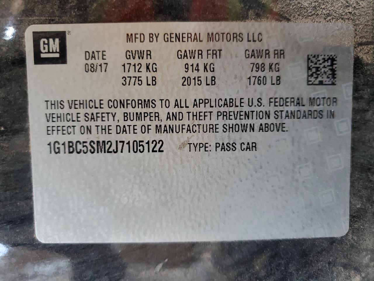 2018 Chevrolet Cruze Ls VIN: 1G1BC5SM2J7105122 Lot: 85364685