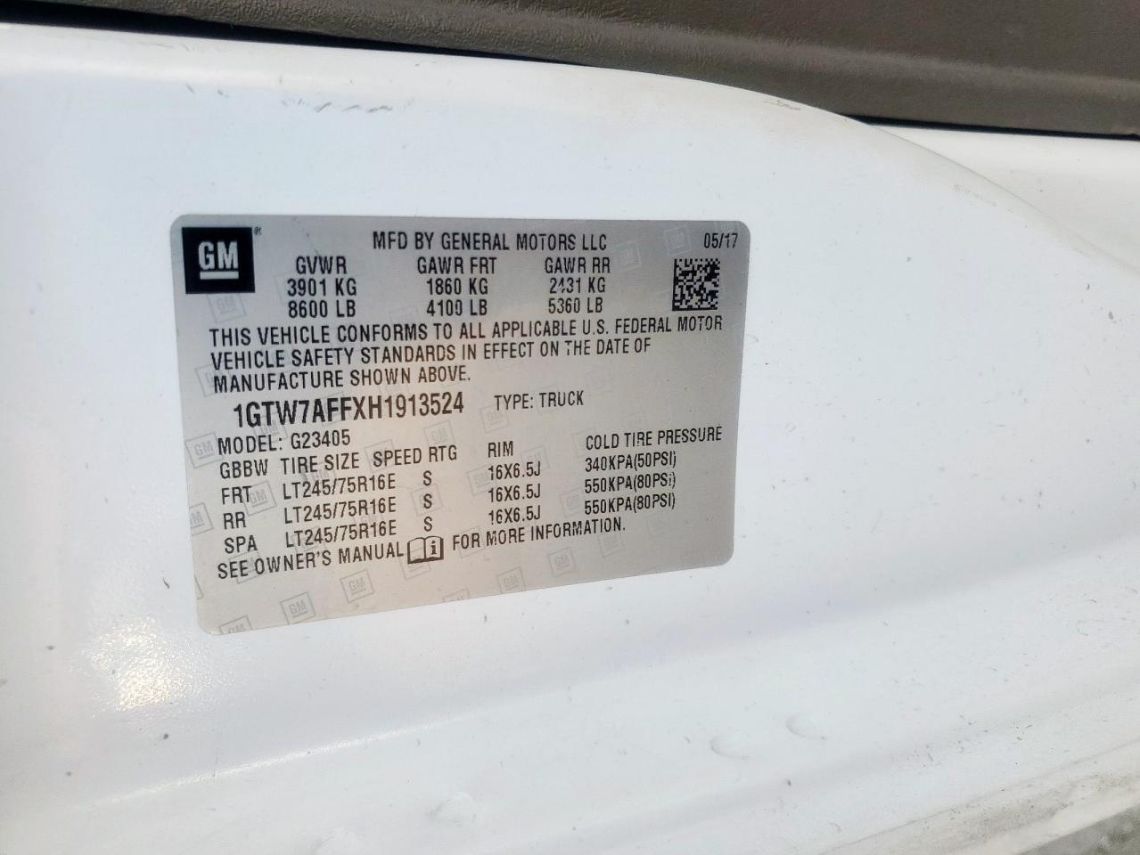 2017 GMC Savana G2500 VIN: 1GTW7AFFXH1913524 Lot: 85379005