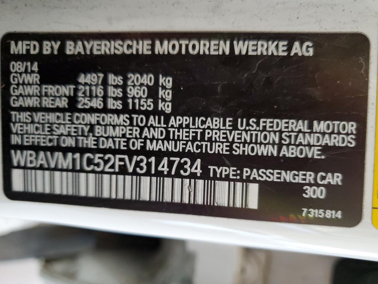 2015 BMW X1 Sdrive28I VIN: WBAVM1C52FV314734 Lot: 82193115