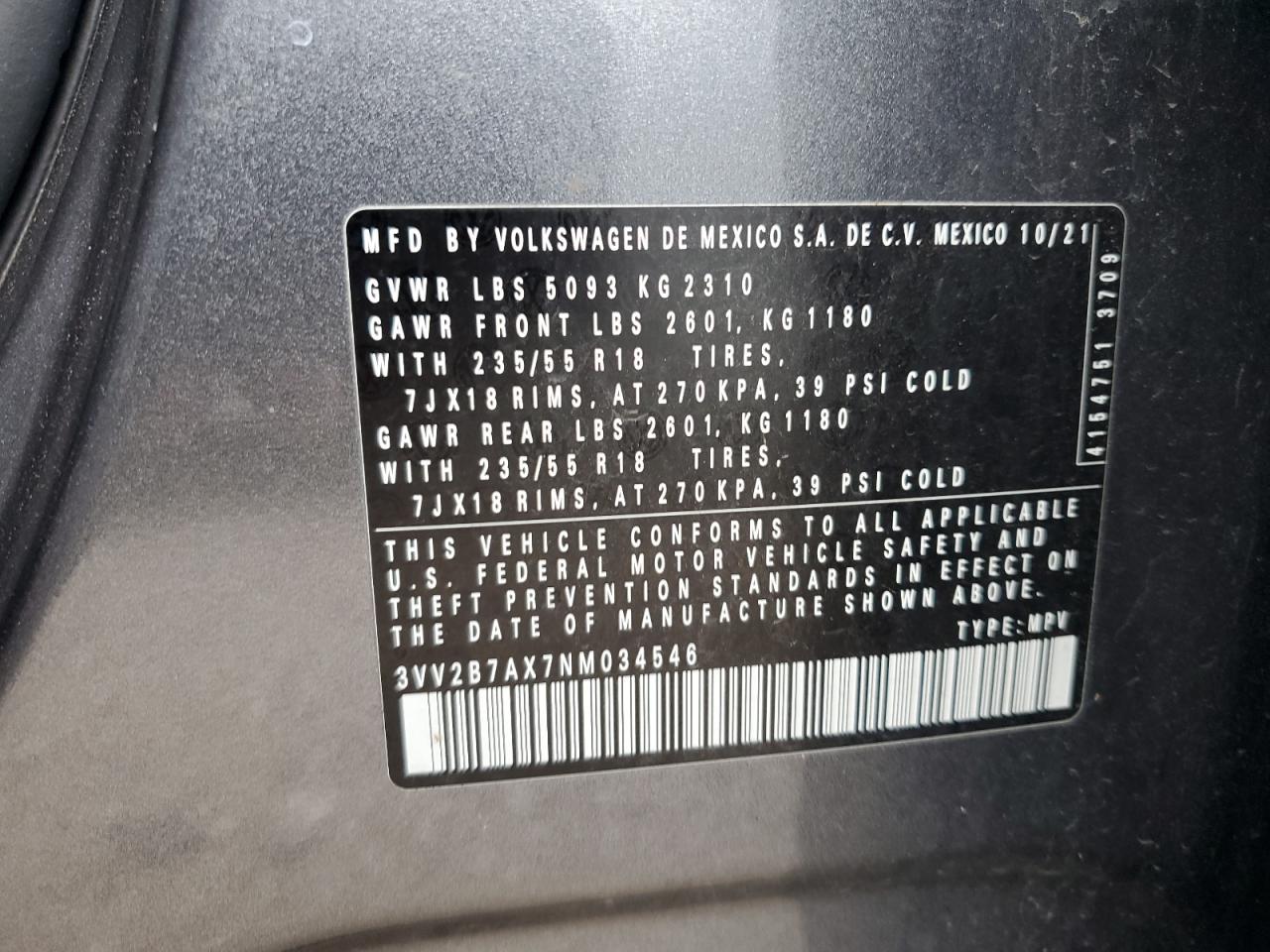 2022 Volkswagen Tiguan Se VIN: 3VV2B7AX7NM034546 Lot: 81978755