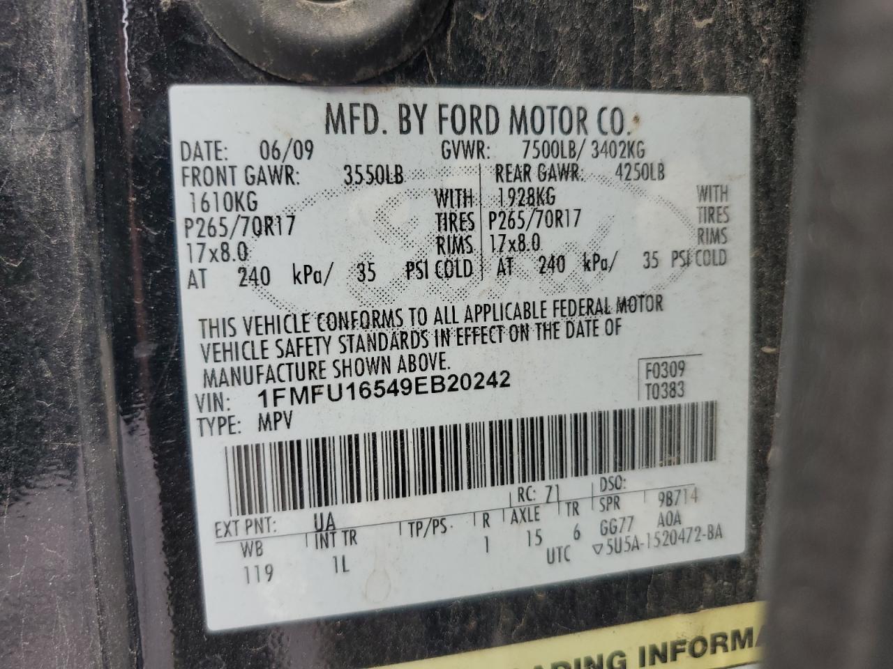 2009 Ford Expedition Xlt VIN: 1FMFU16549EB20242 Lot: 81971765