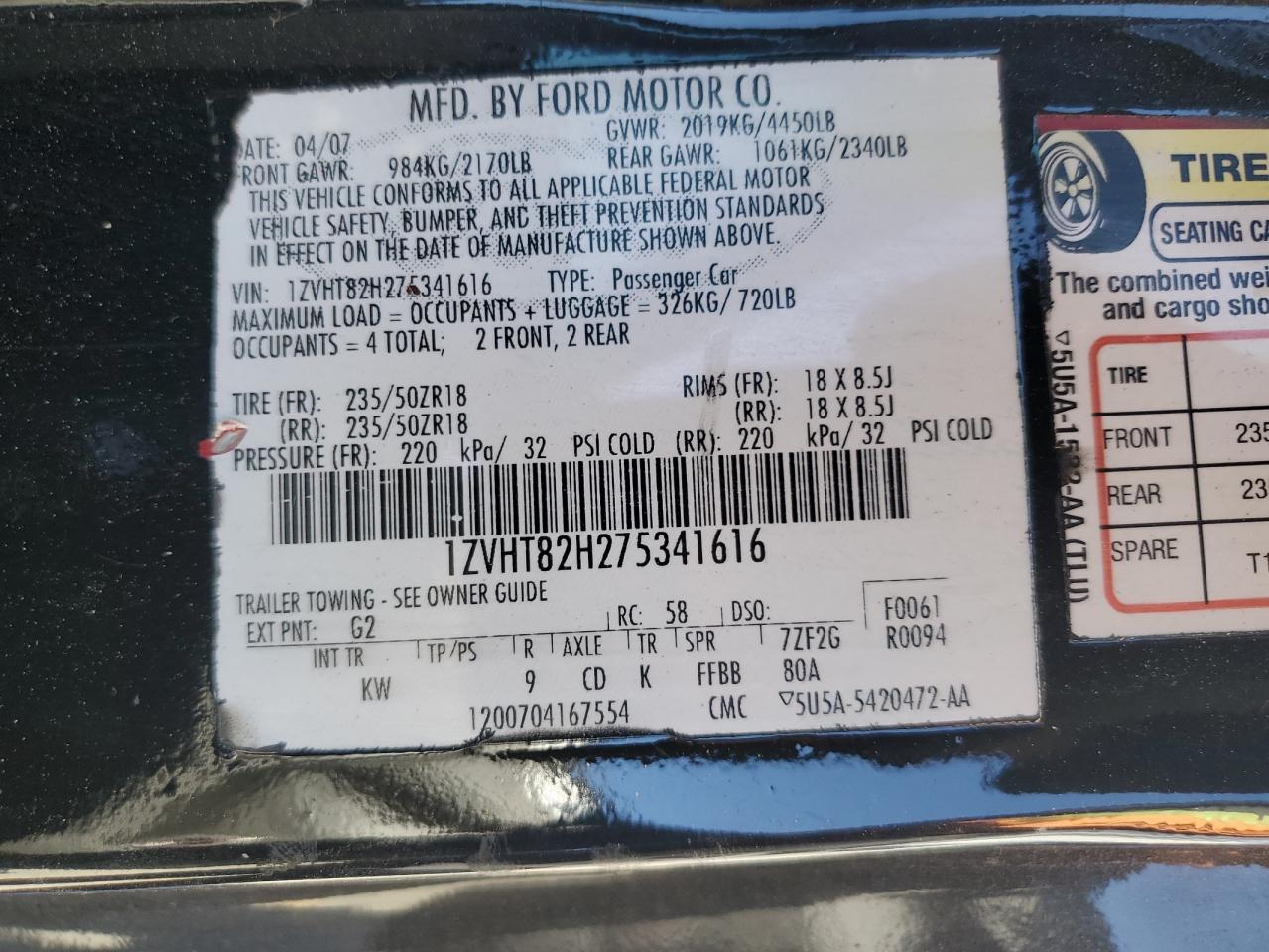 2007 Ford Mustang Gt VIN: 1ZVHT82H275341616 Lot: 90125515