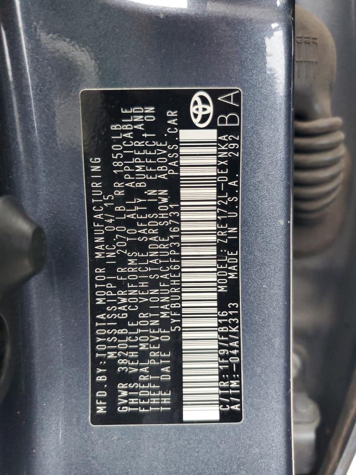 2015 Toyota Corolla L VIN: 5YFBURHE6FP316731 Lot: 86235235