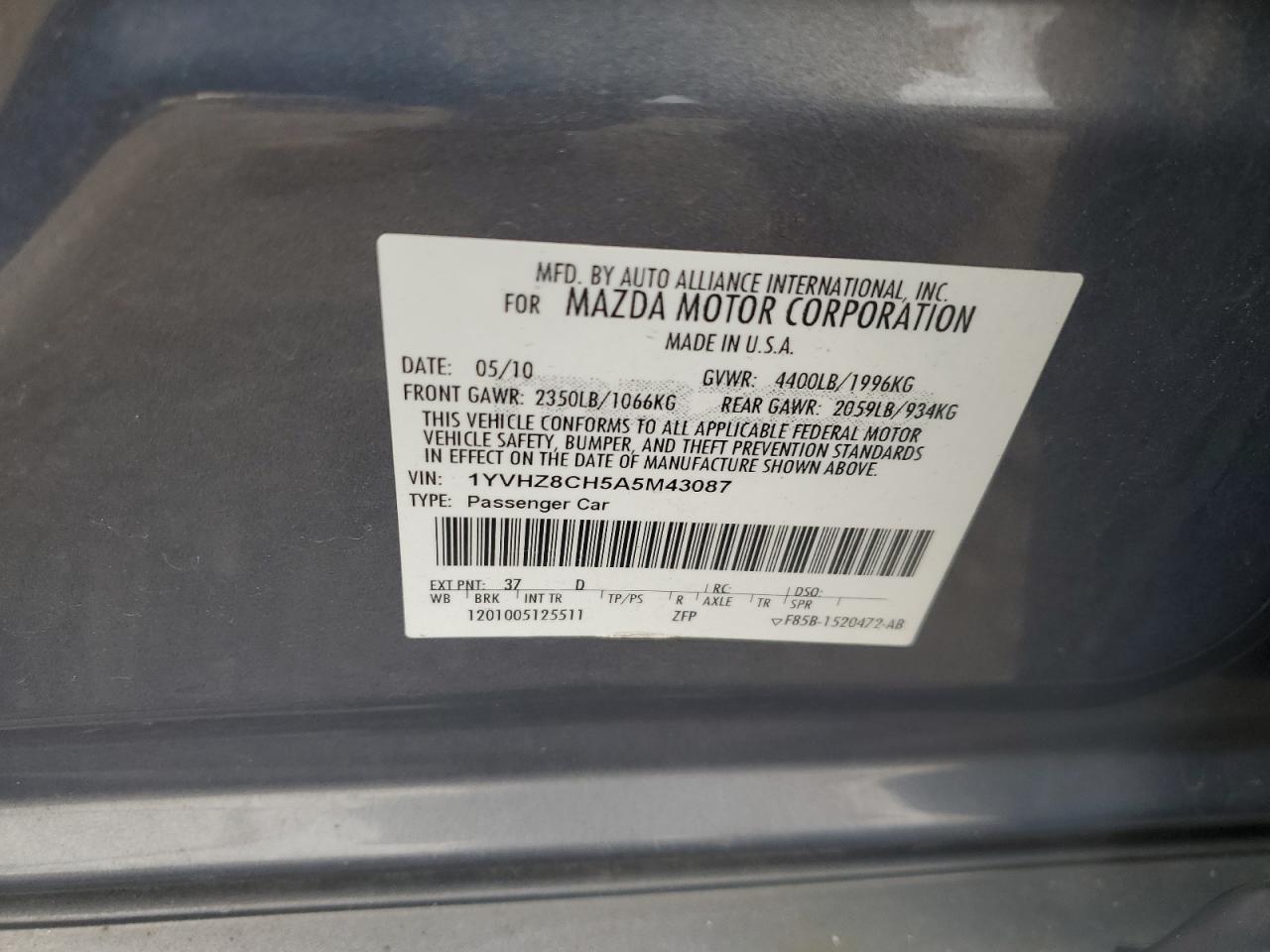 2010 Mazda 6 I VIN: 1YVHZ8CH5A5M43087 Lot: 82562975