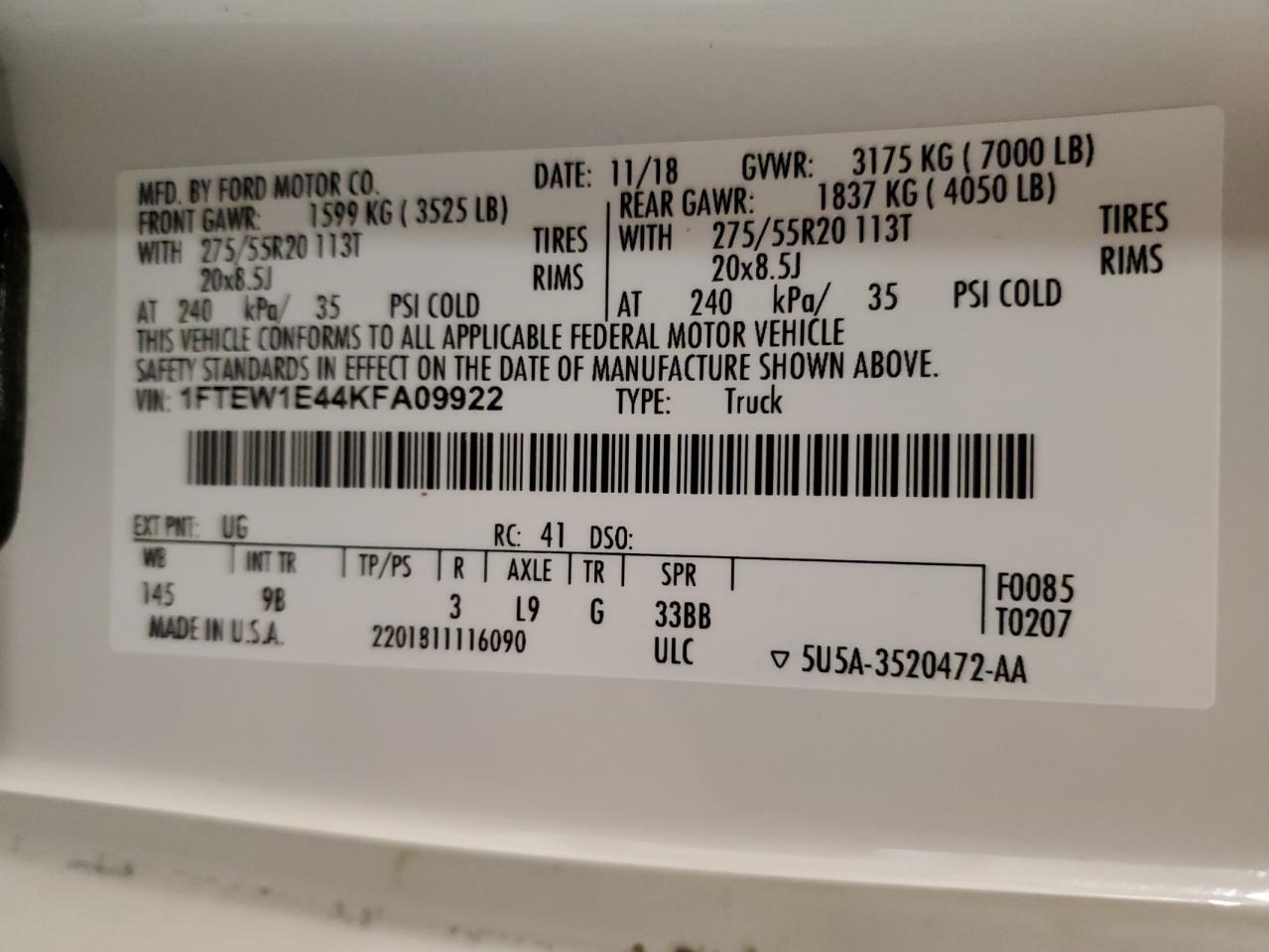 2019 Ford F150 Supercrew VIN: 1FTEW1E44KFA09922 Lot: 82649515