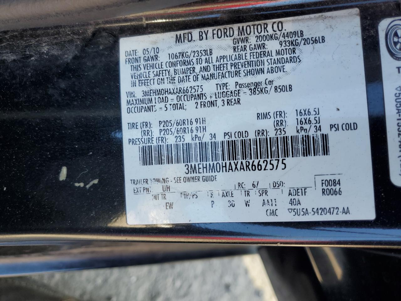 2010 Mercury Milan VIN: 3MEHM0HAXAR662575 Lot: 82715995