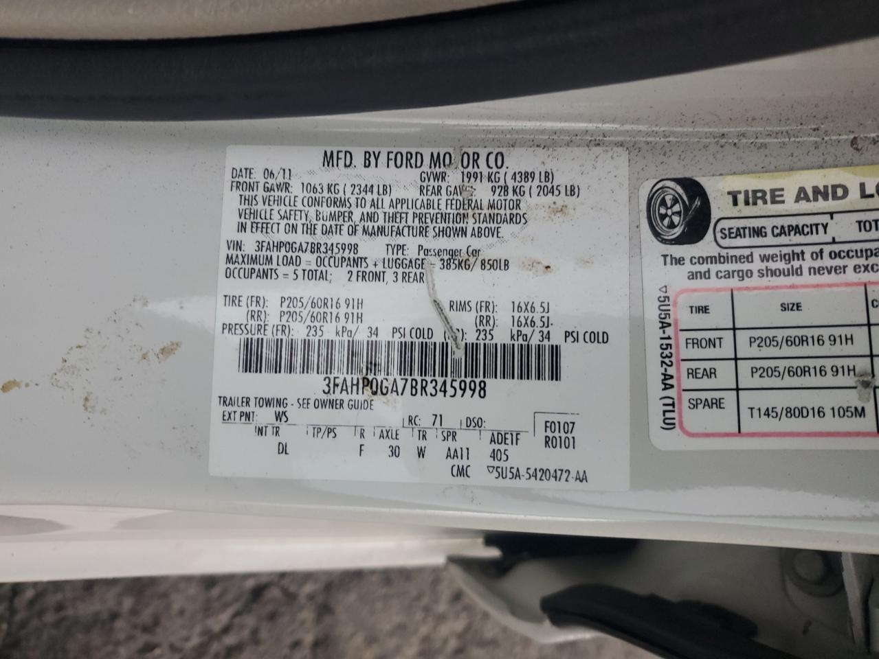 2011 Ford Fusion S VIN: 3FAHP0GA7BR345998 Lot: 86268785