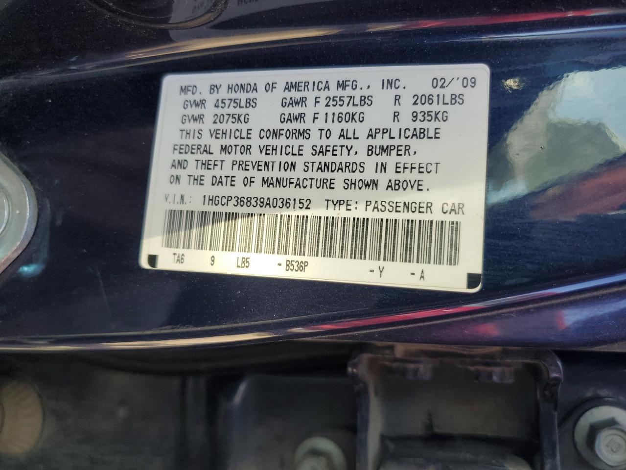 2009 Honda Accord Exl VIN: 1HGCP36839A036152 Lot: 85346665