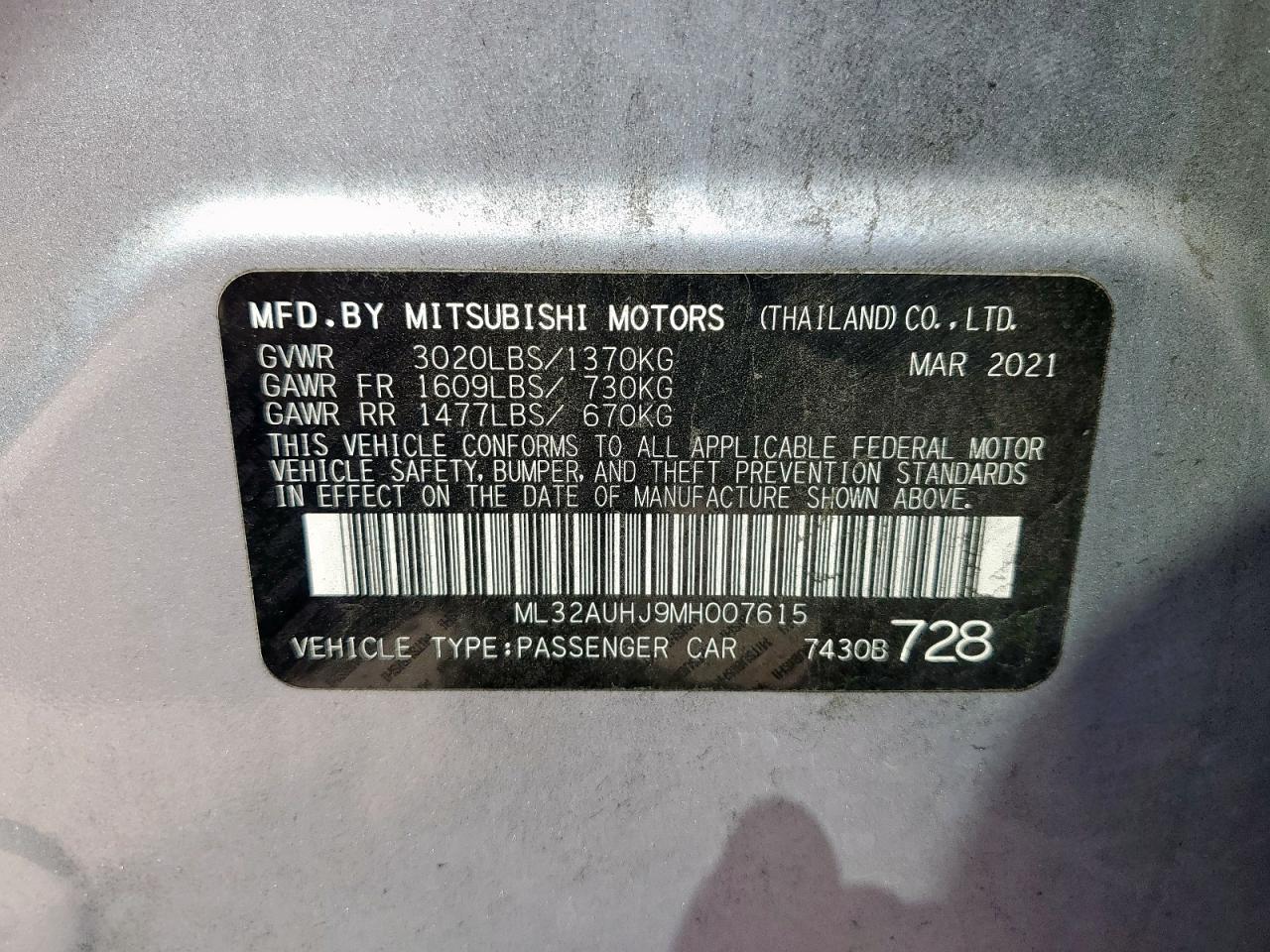 2021 Mitsubishi Mirage Es VIN: ML32AUHJ9MH007615 Lot: 85097565