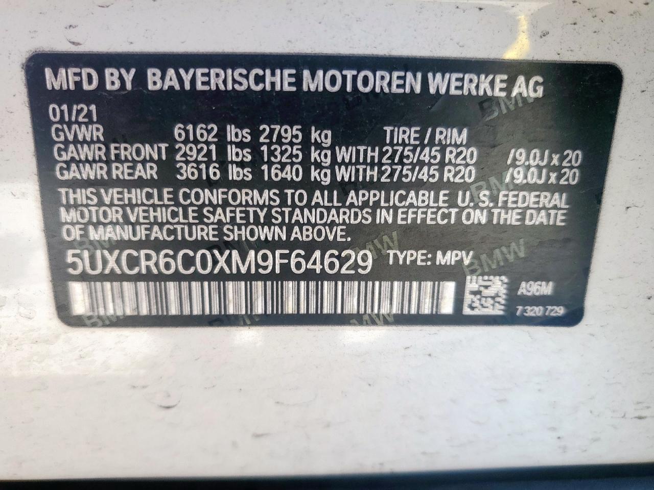 2021 BMW X5 xDrive40I VIN: 5UXCR6C0XM9F64629 Lot: 85386375