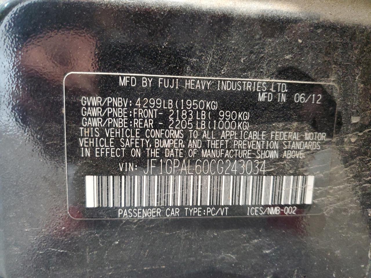 2012 Subaru Impreza Sport Premium VIN: JF1GPAL60CG243034 Lot: 85154225