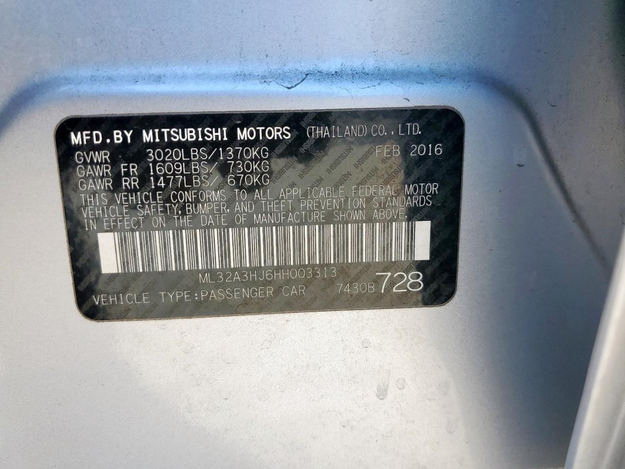 2017 Mitsubishi Mirage Es VIN: ML32A3HJ6HH003313 Lot: 85948725