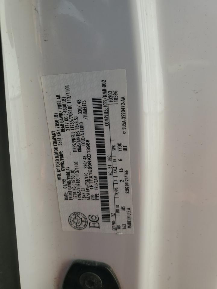 2022 Ford F150 Super Cab VIN: 1FTFX1E89NKD13988 Lot: 85486645