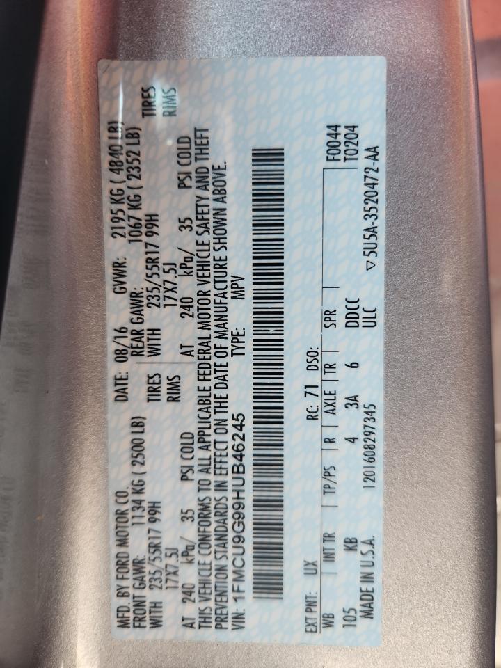 2017 Ford Escape Se VIN: 1FMCU9G99HUB46245 Lot: 89812795