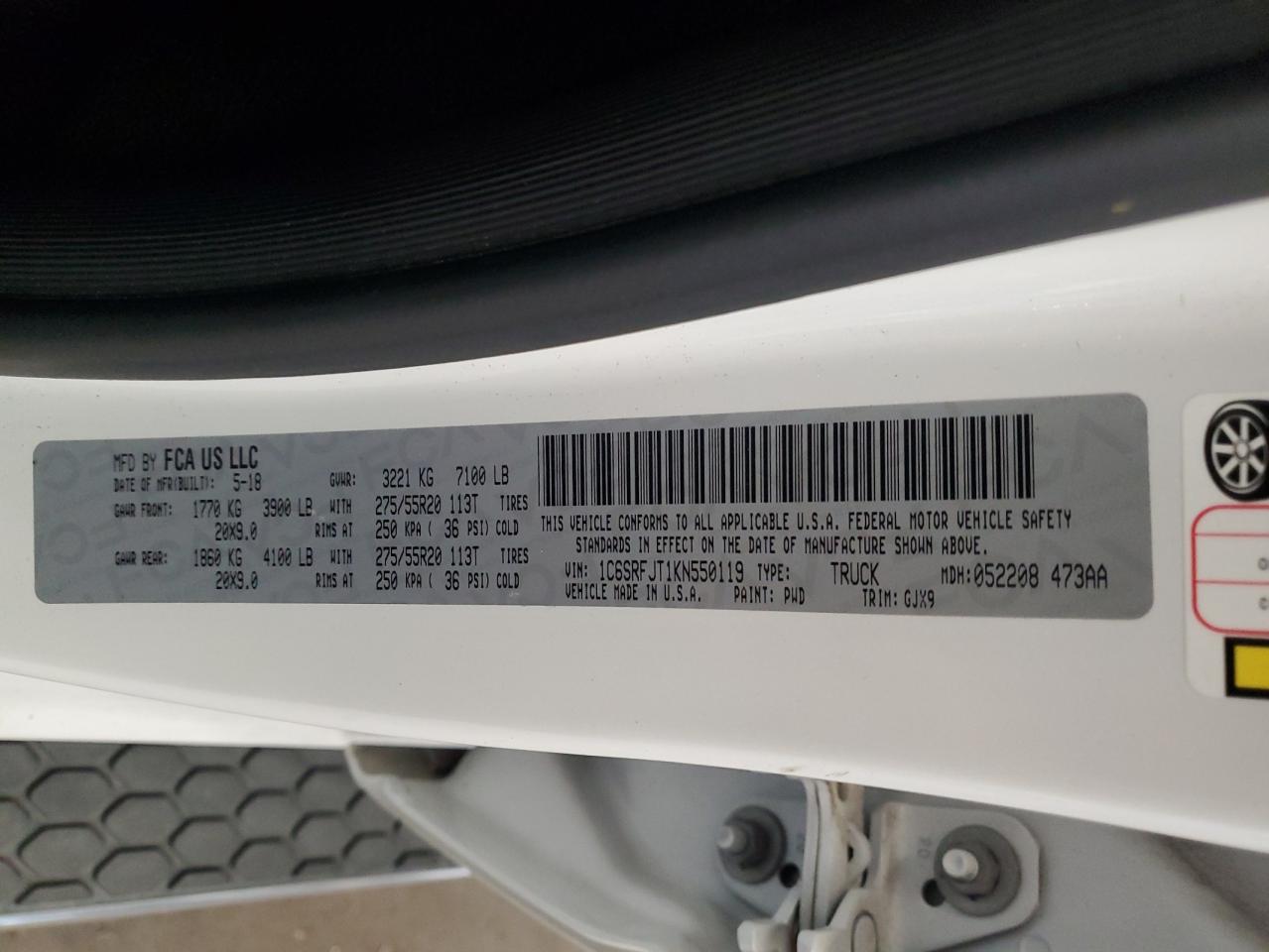 2019 Ram 1500 Laramie VIN: 1C6SRFJT1KN550119 Lot: 85844925