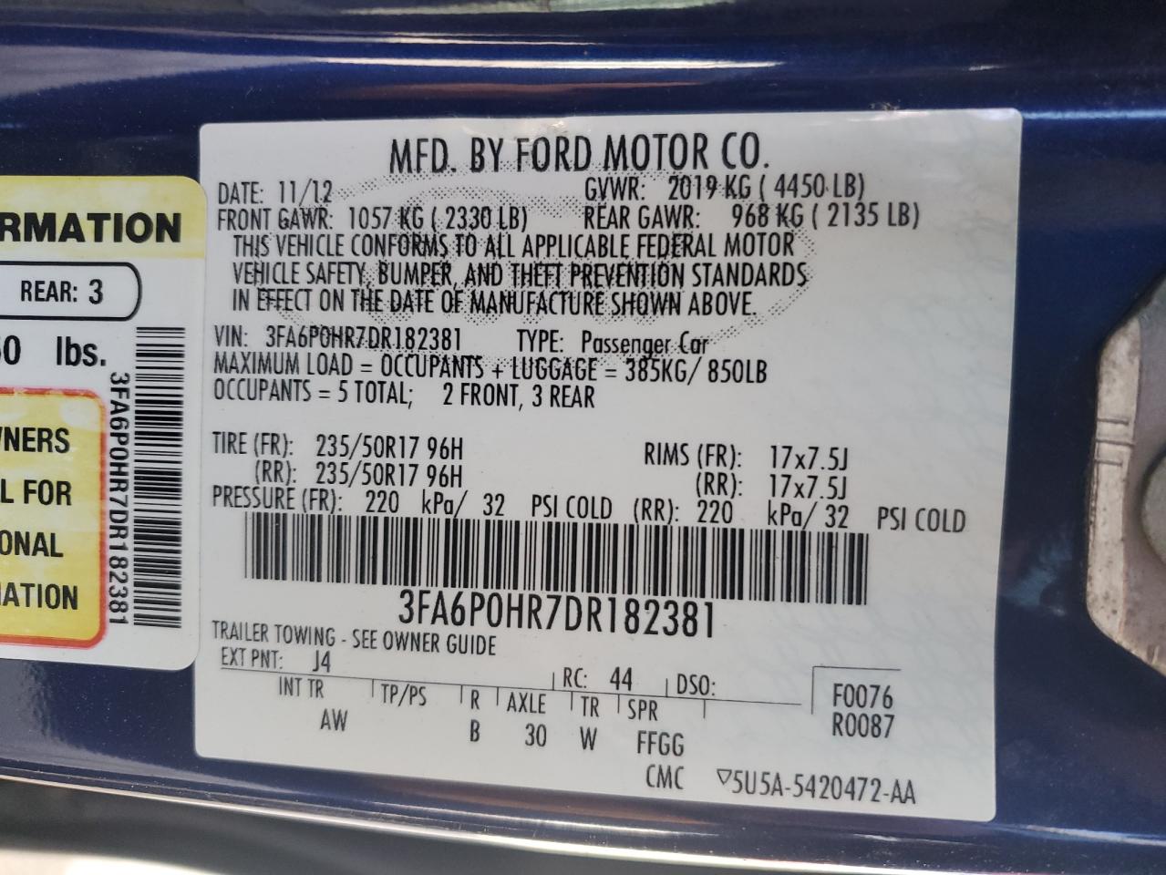 2013 Ford Fusion Se VIN: 3FA6P0HR7DR182381 Lot: 89461675