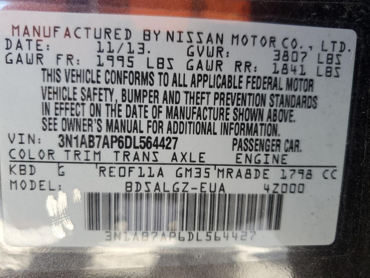 2013 Nissan Sentra S VIN: 3N1AB7AP6DL564427 Lot: 82349775