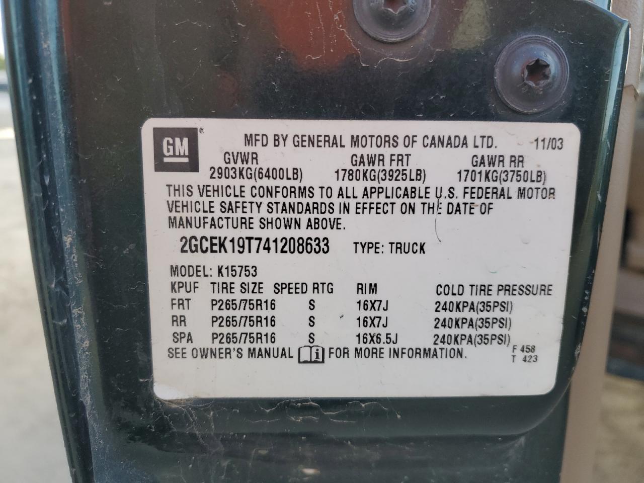 2004 Chevrolet Silverado K1500 VIN: 2GCEK19T741208633 Lot: 84893075