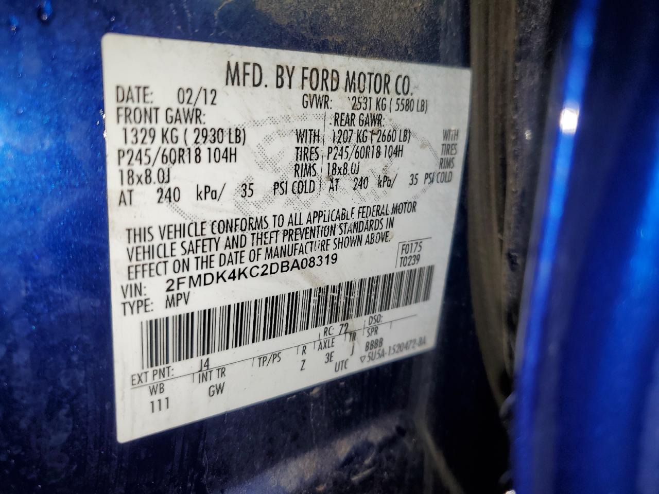 2013 Ford Edge Limited VIN: 2FMDK4KC2DBA08319 Lot: 86451595