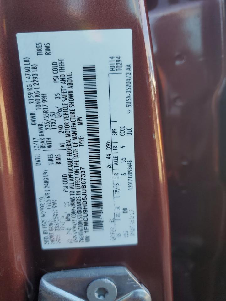 2018 Ford Escape Sel VIN: 1FMCU9HD5JUB07337 Lot: 86704835