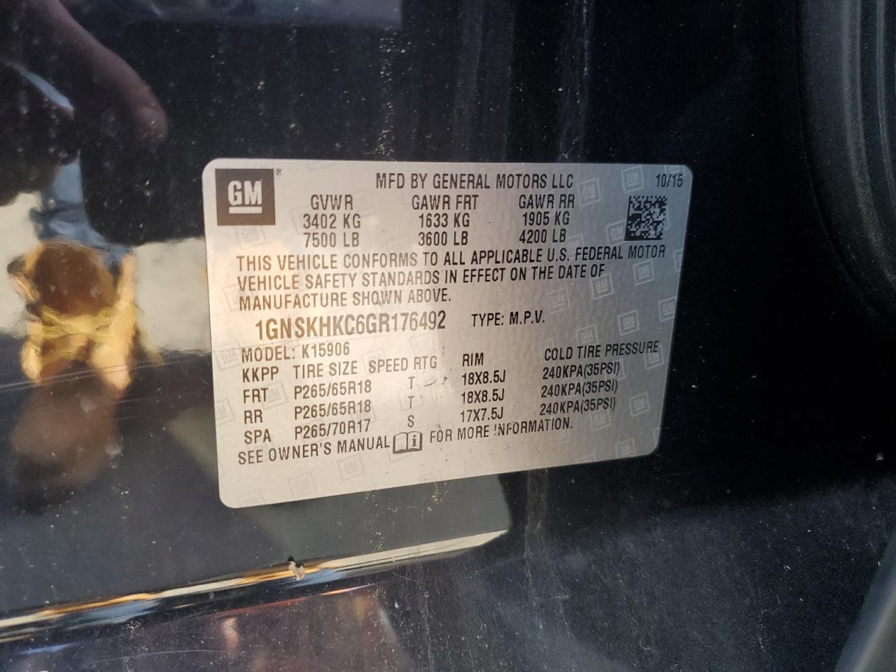 2016 Chevrolet Suburban K1500 Lt VIN: 1GNSKHKC6GR176492 Lot: 85699495