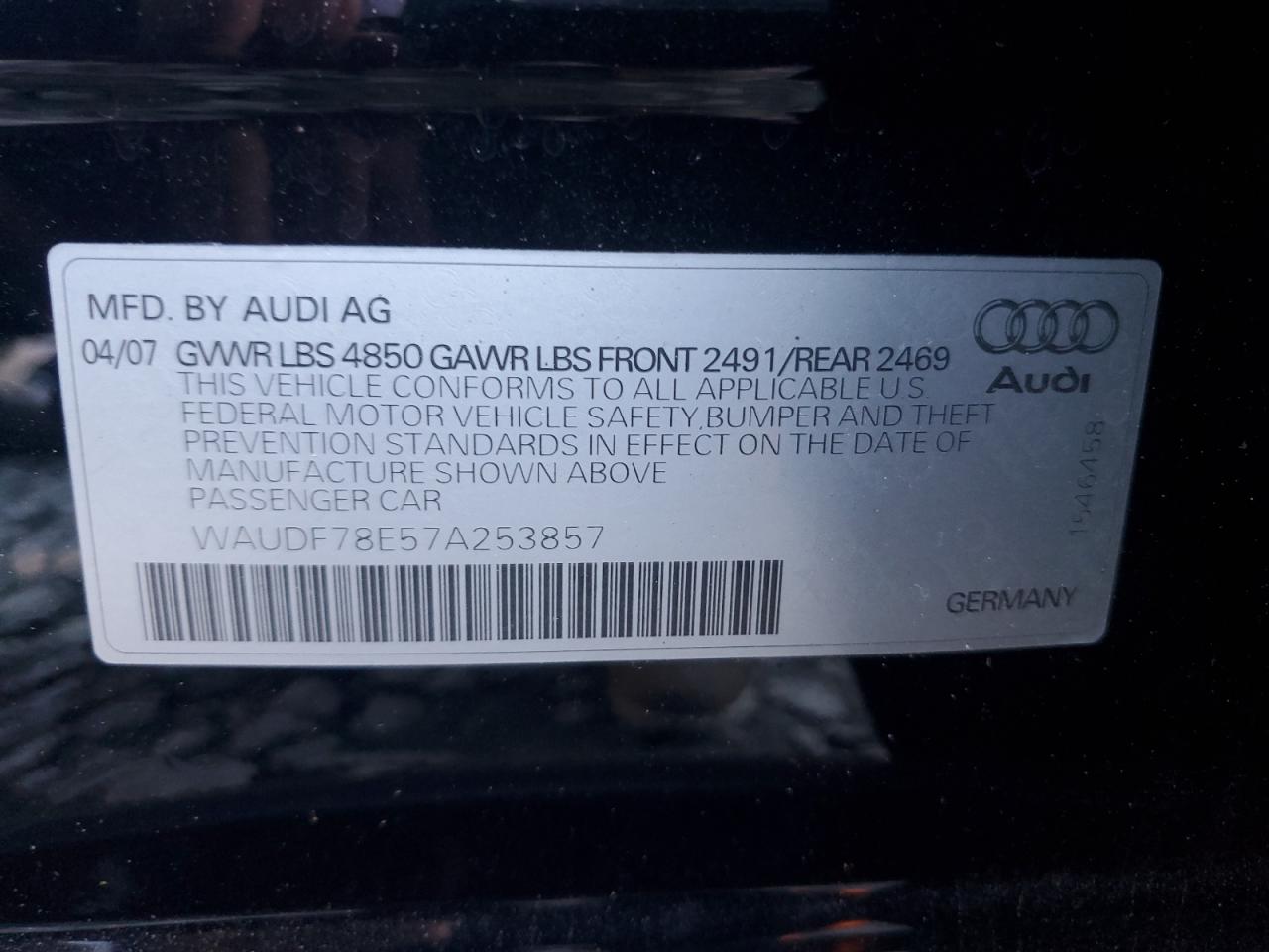2007 Audi A4 2.0T Quattro VIN: WAUDF78E57A253857 Lot: 82230855