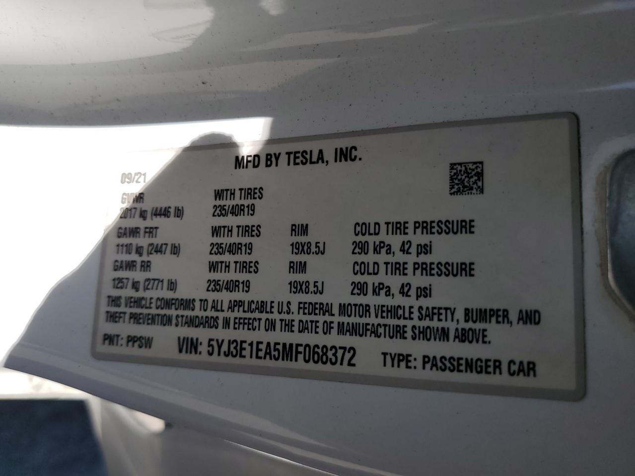 2021 Tesla Model 3 VIN: 5YJ3E1EA5MF068372 Lot: 84419435