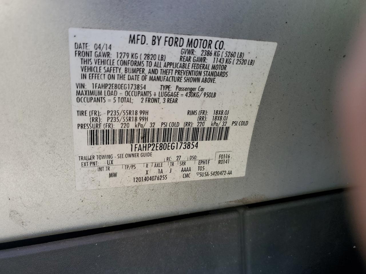 2014 Ford Taurus Sel VIN: 1FAHP2E80EG173854 Lot: 89620085