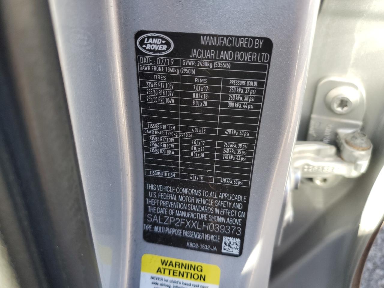 2020 Land Rover Range Rover Evoque Se VIN: SALZP2FXXLH039373 Lot: 84573735