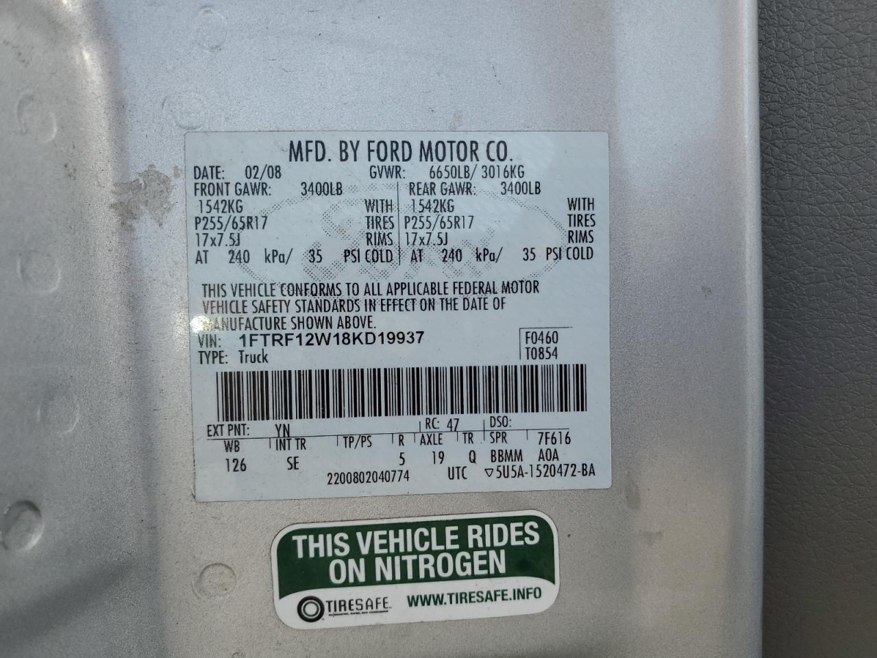 2008 Ford F150 VIN: 1FTRF12W18KD19937 Lot: 81931025