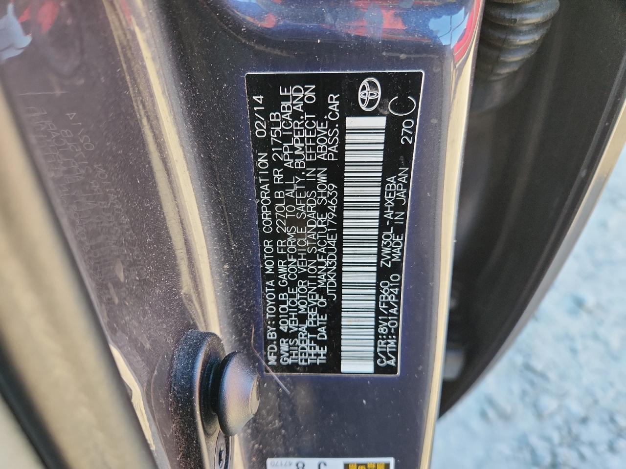 2014 Toyota Prius VIN: JTDKN3DU4E1794639 Lot: 89492385