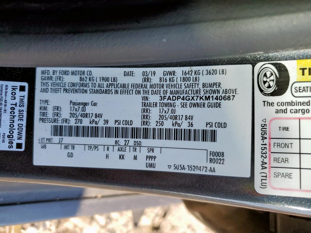 2019 Ford Fiesta St VIN: 3FADP4GX7KM140687 Lot: 86330735