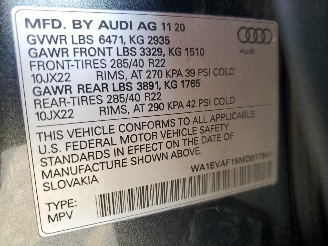 2021 Audi Q8 Premium Plus S-Line VIN: WA1EVAF19MD017949 Lot: 84792975