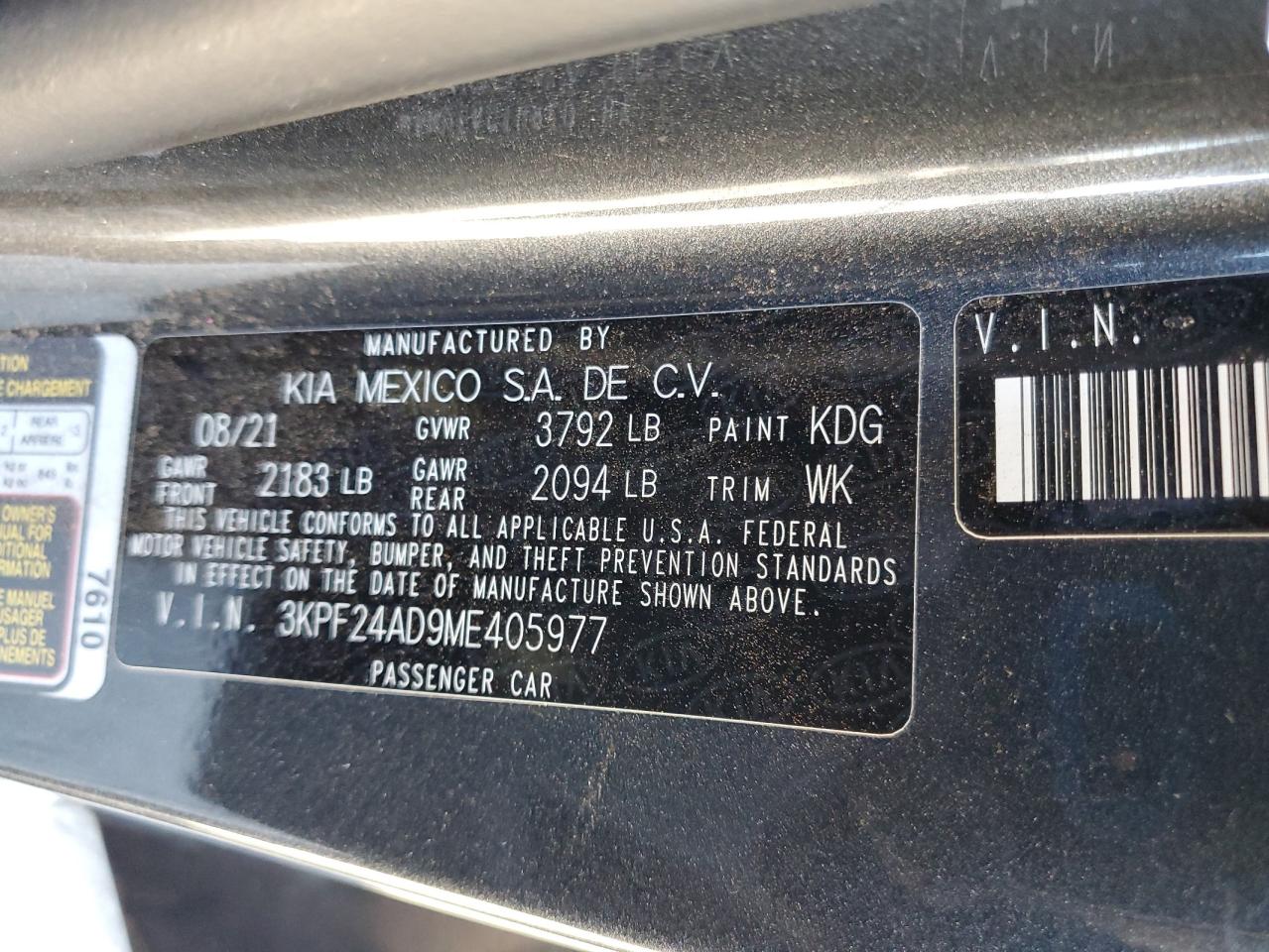 2021 Kia Forte Fe VIN: 3KPF24AD9ME405977 Lot: 86704485