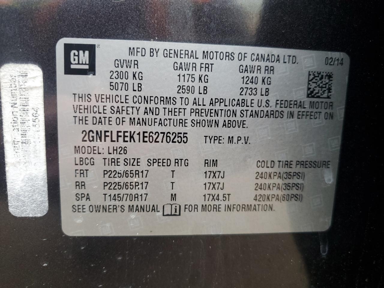 2014 Chevrolet Equinox Lt VIN: 2GNFLFEK1E6276255 Lot: 85756925