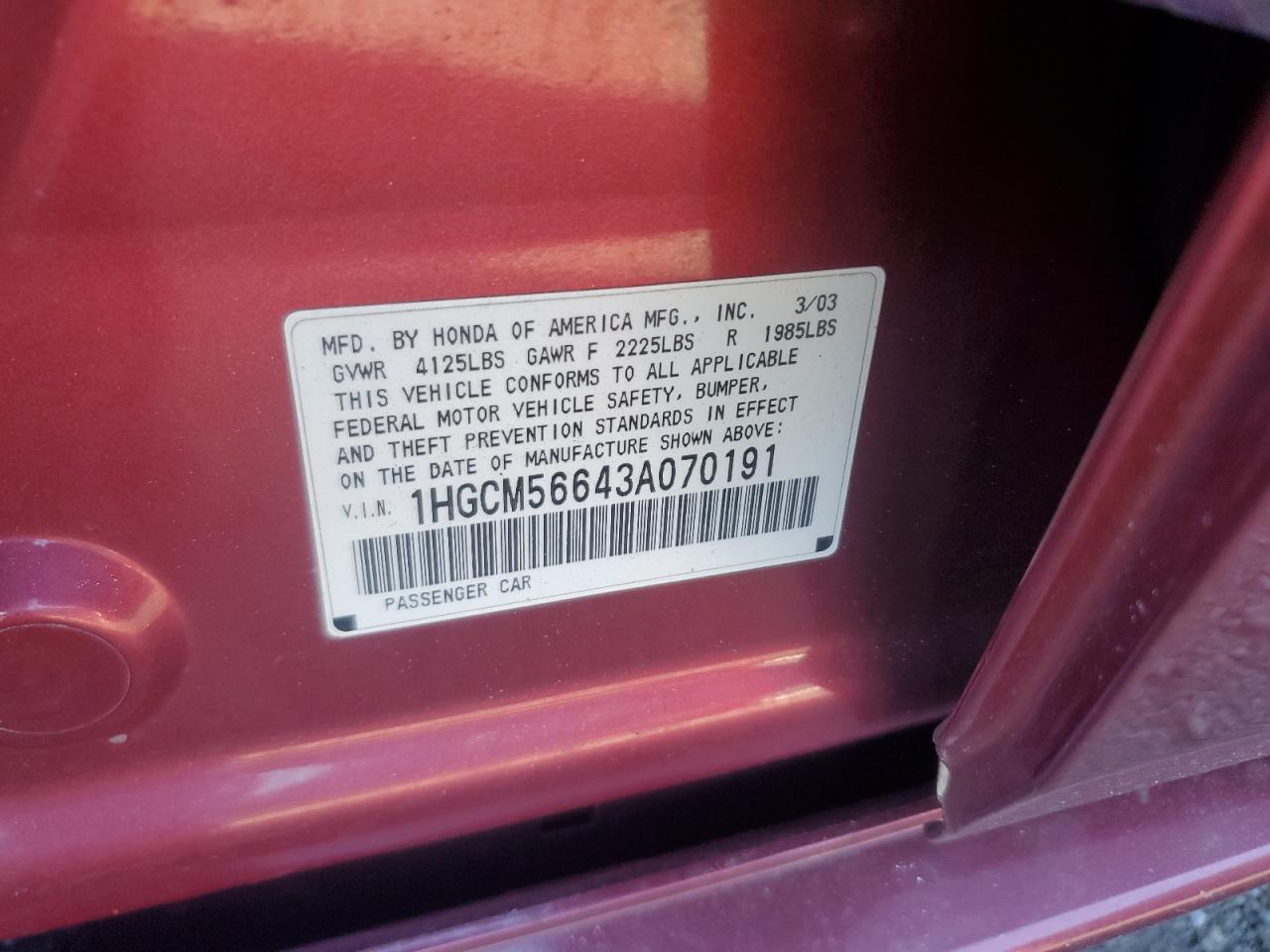 2003 Honda Accord Ex VIN: 1HGCM56643A070191 Lot: 86272655